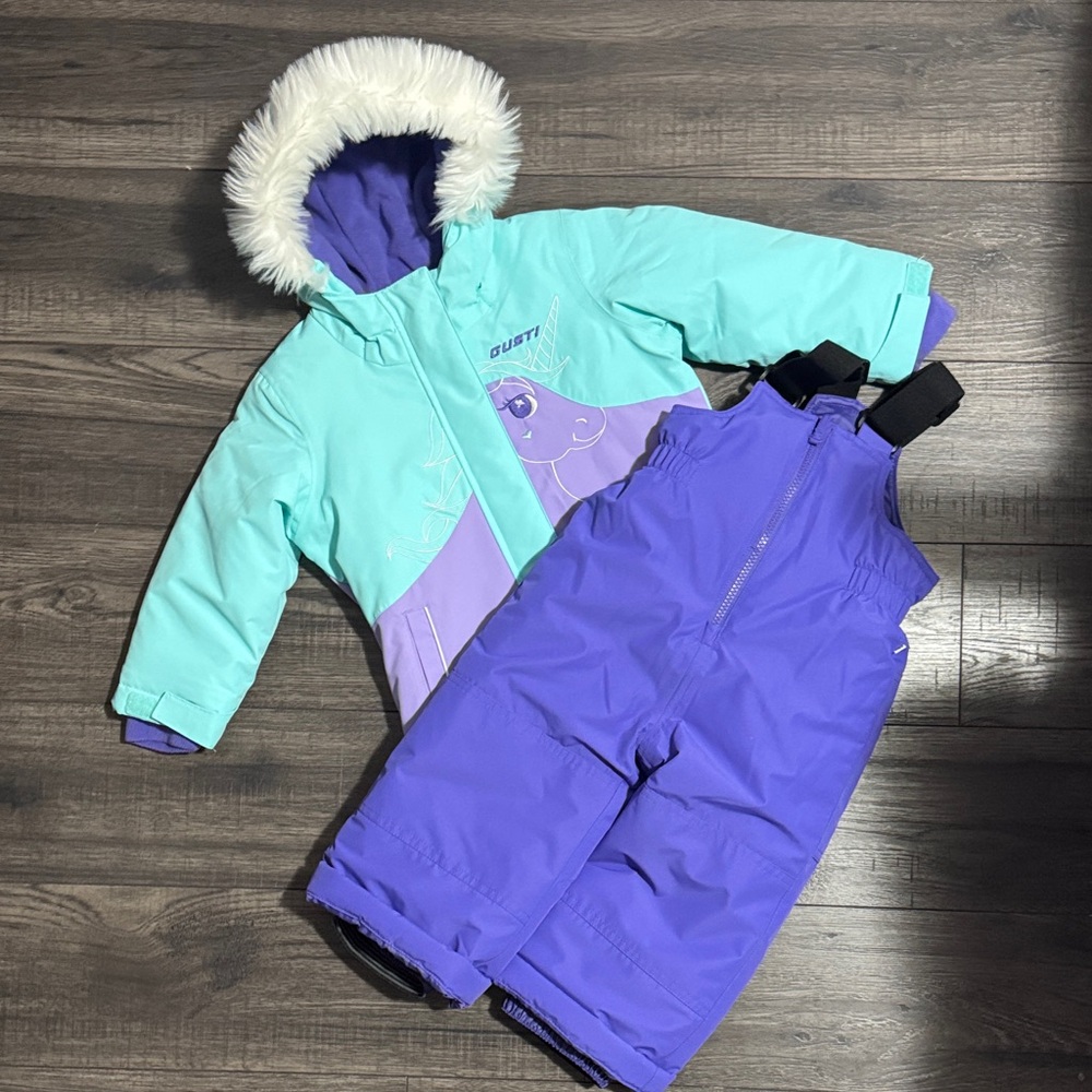 Light Blue and Purple Winter Unicorn Jacket and purple Snowpants